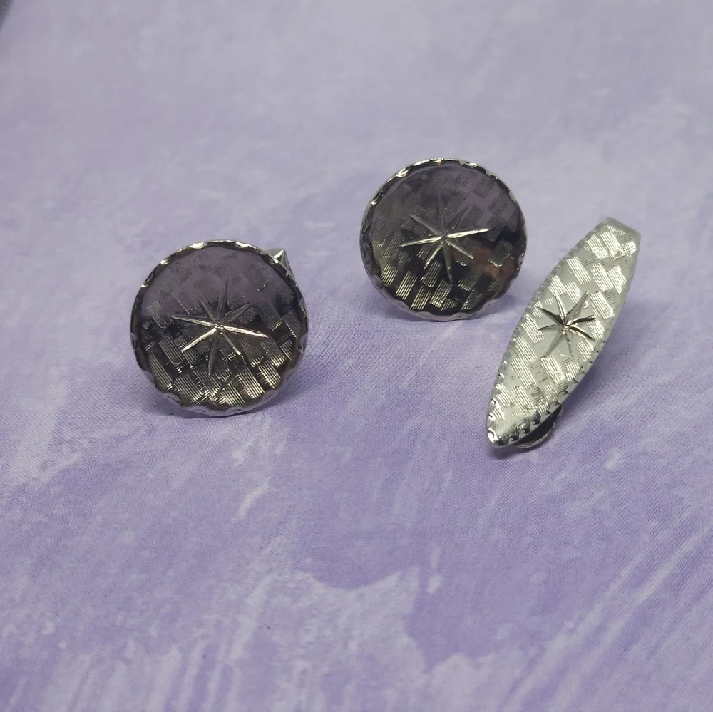 Vintage Men Round Starburst Cufflinks & Tie Clip Set Textured Silver Tone